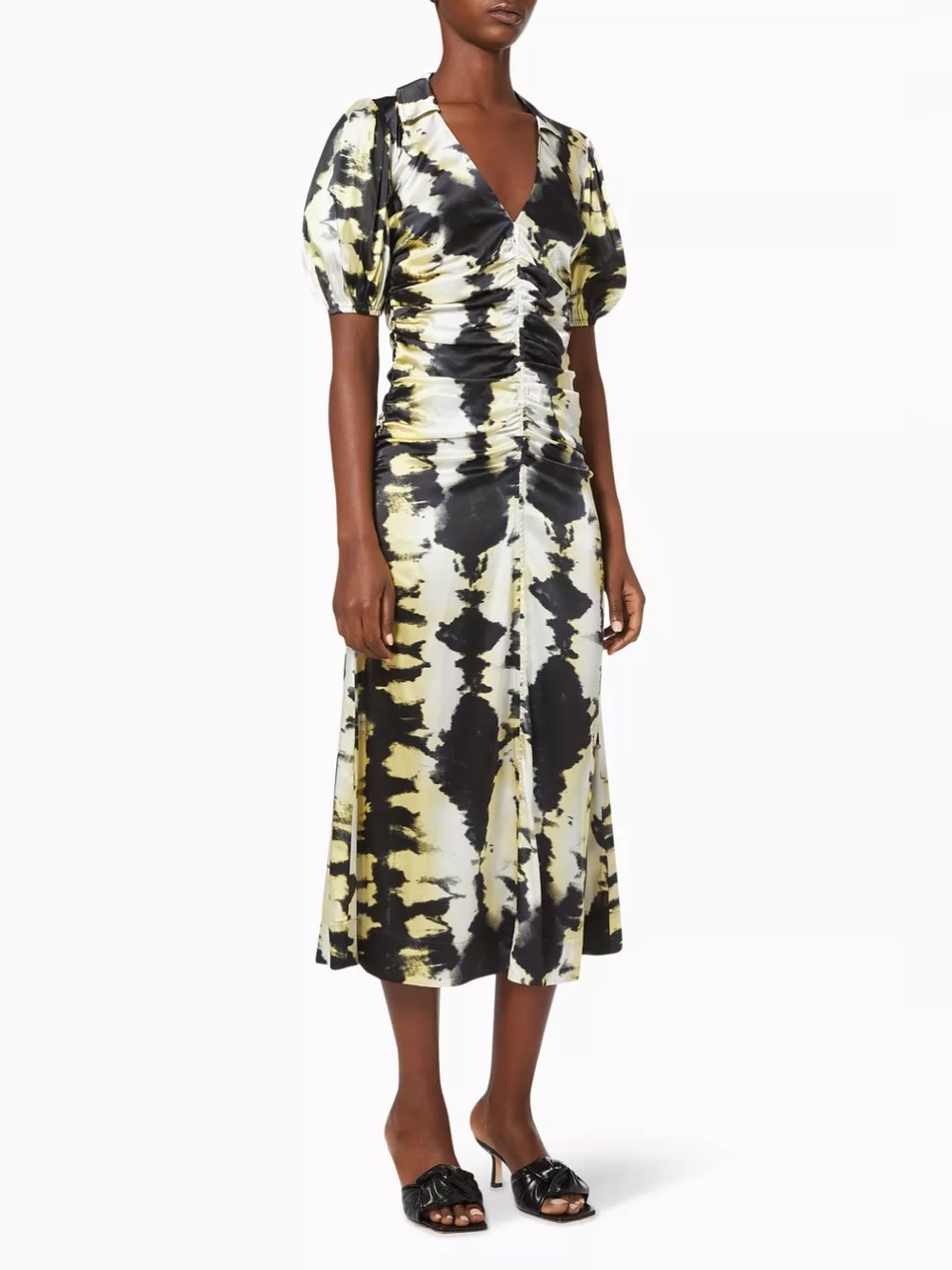 Ganni Yellow and Black Tie-Dye Ruched V-Neck Midi Dress